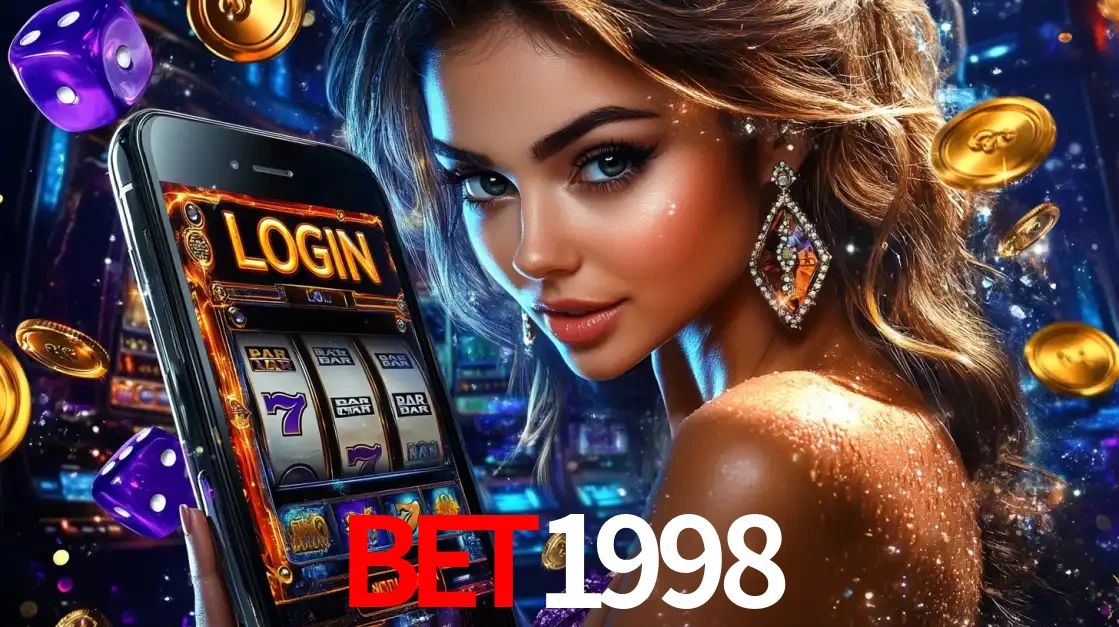 Mulher glamorosa segurando um smartphone com a tela de login para os jogos de caça-níqueis do cassino online bet1998, com moedas de ouro e dados ao redor.