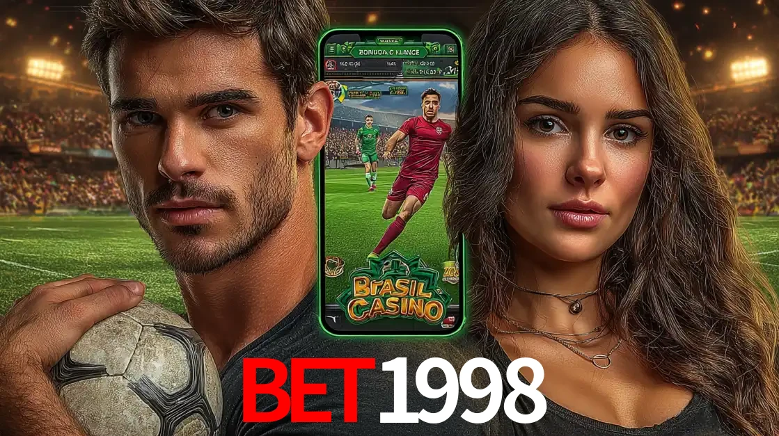 Homem segurando uma bola de futebol e uma mulher ao lado de um smartphone exibindo o jogo de apostas esportivas da bet1998. Faça seu palpite no cassino online.